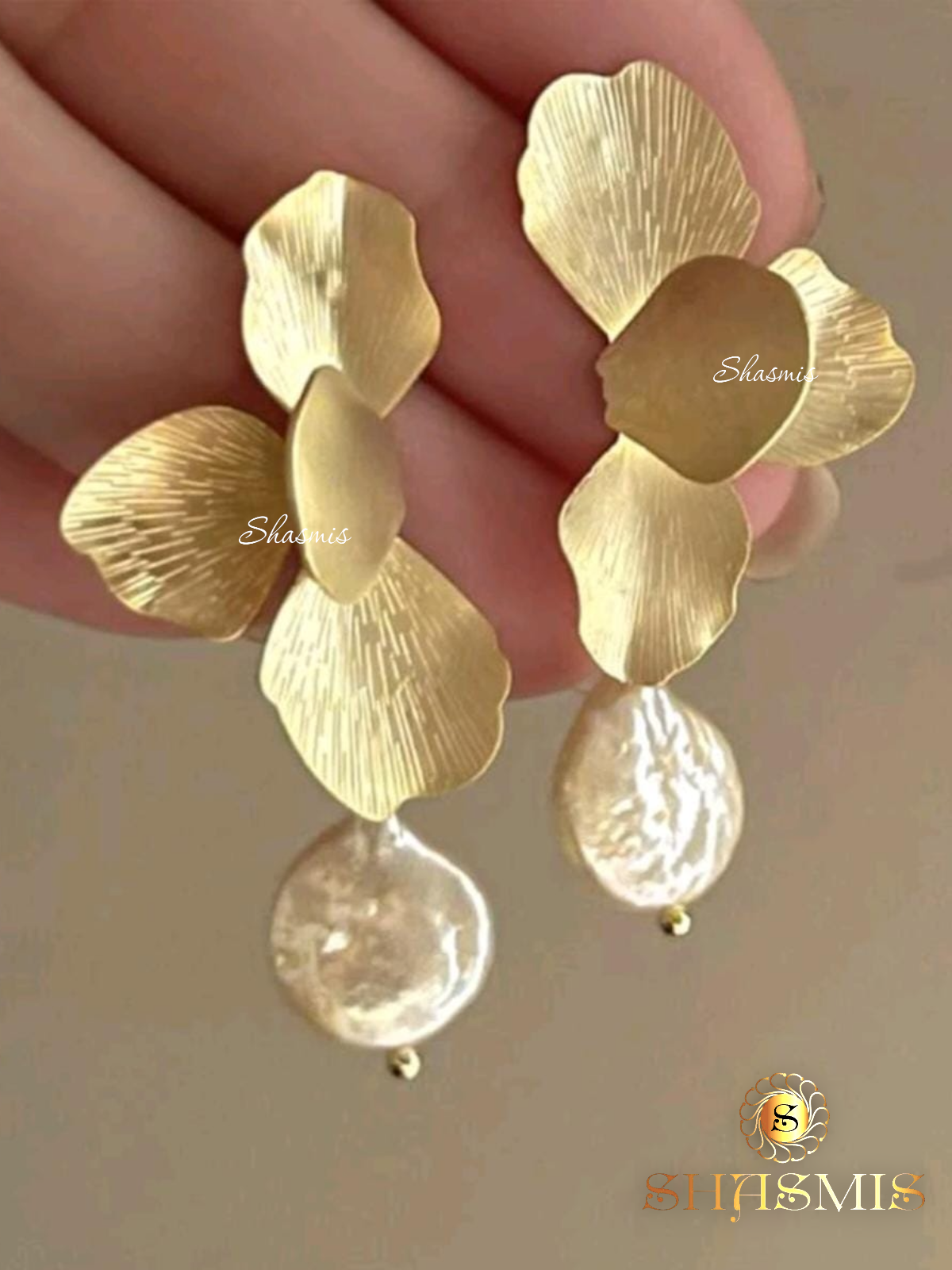 Golden Flower Design With Pearl On Drop Earrings