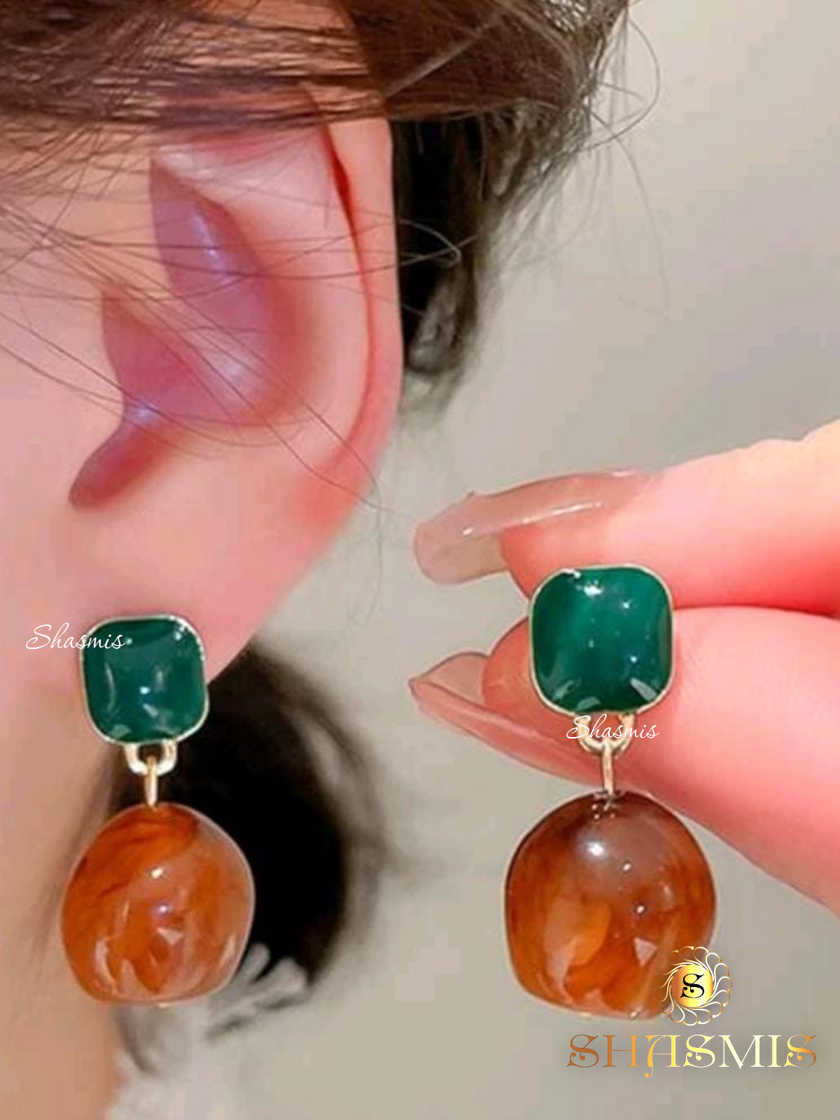 Amazing Green And Brown Color Stone Earrings