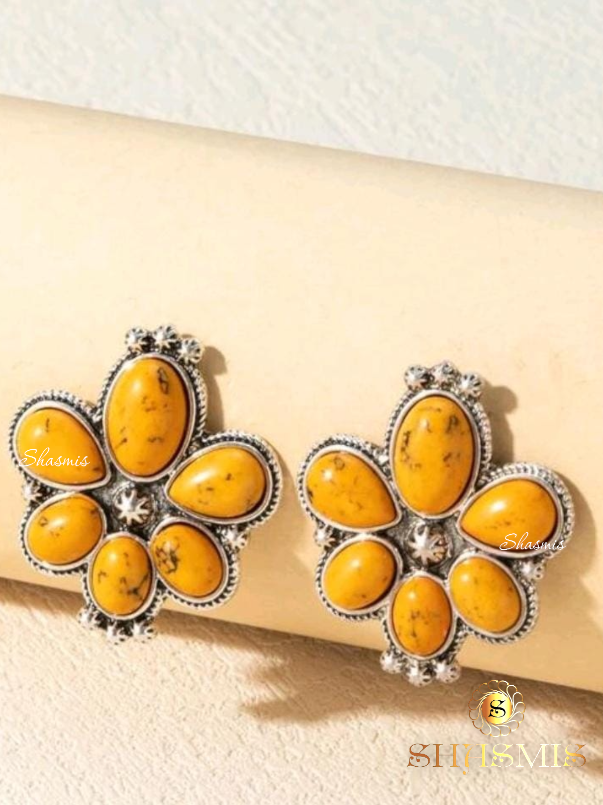 Mustard Color Stone Silver Earrings