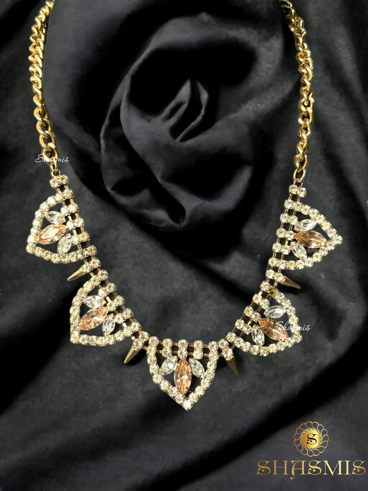 Rhine Stone Golden Necklace With Champaign Color Stone