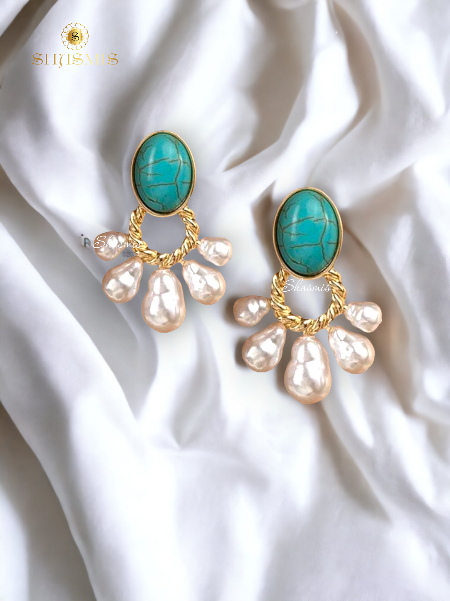 Turquoise Stone Pearl Earrings