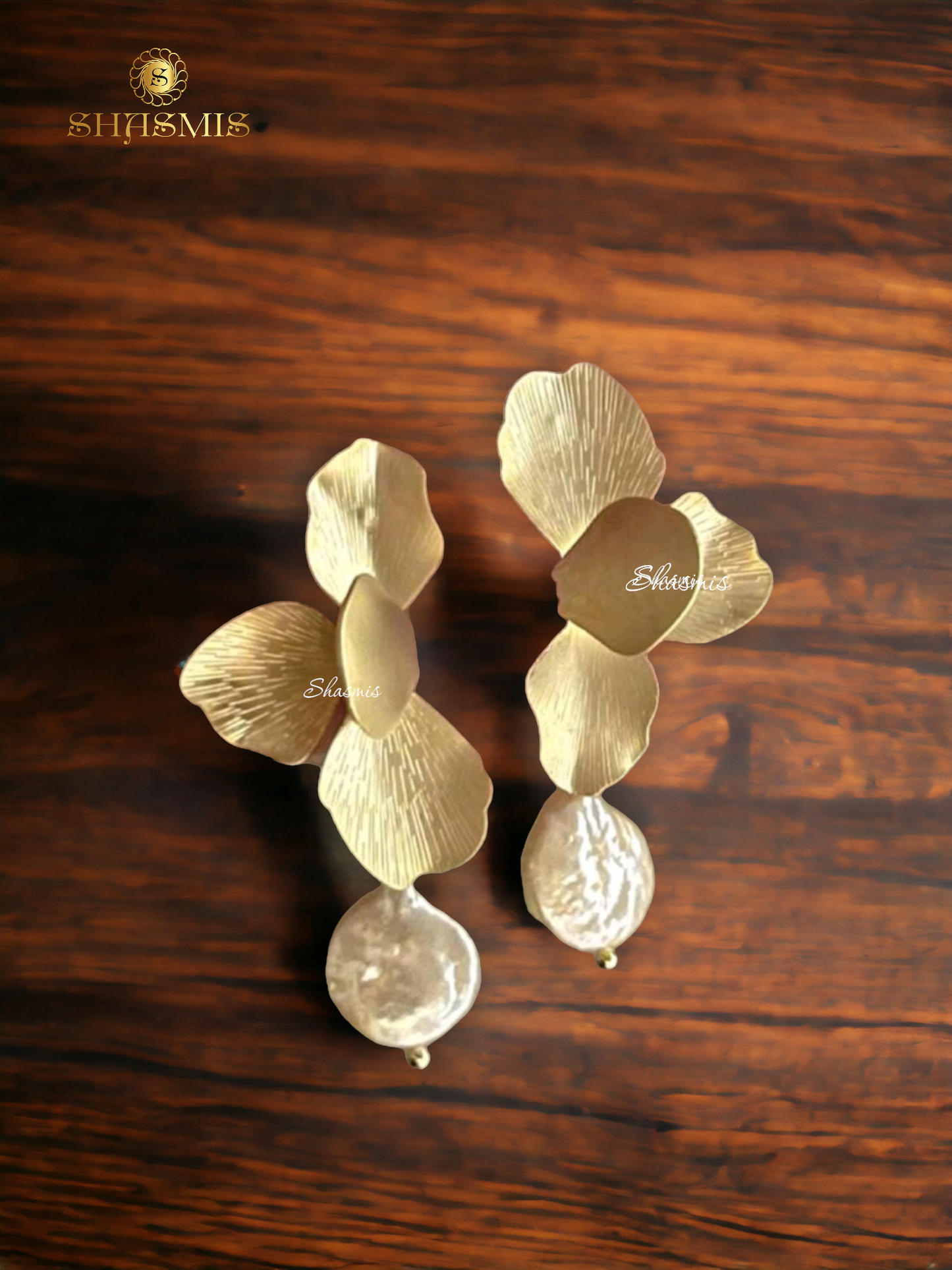 Golden Flower Design With Pearl On Drop Earrings