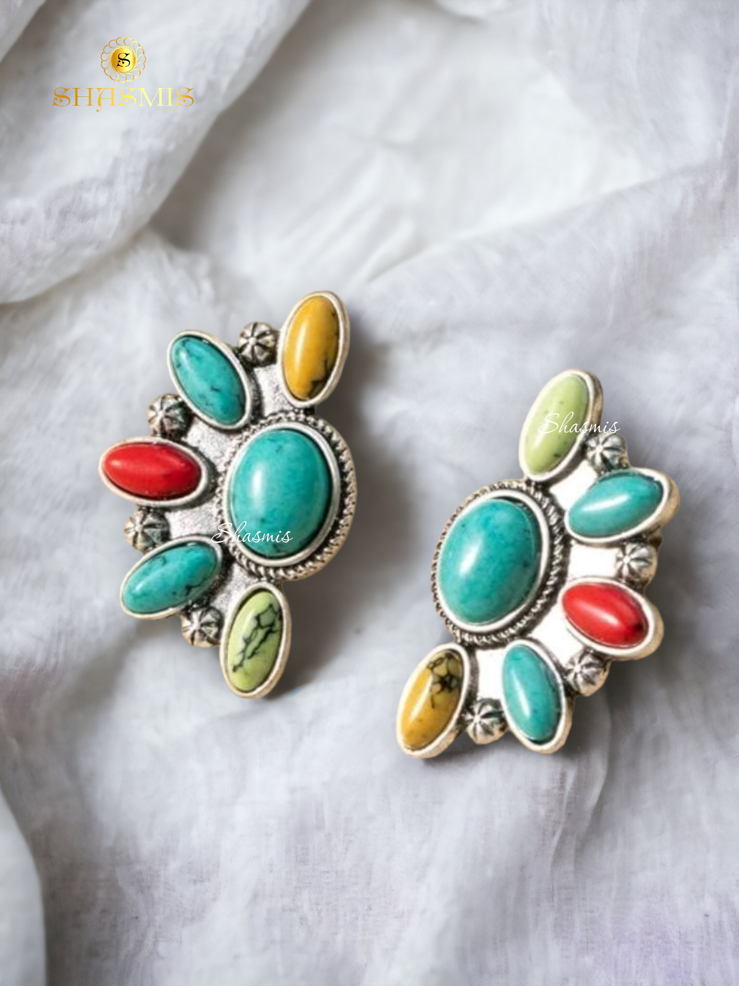Multi Color Stone Silver Design Premium Earrings