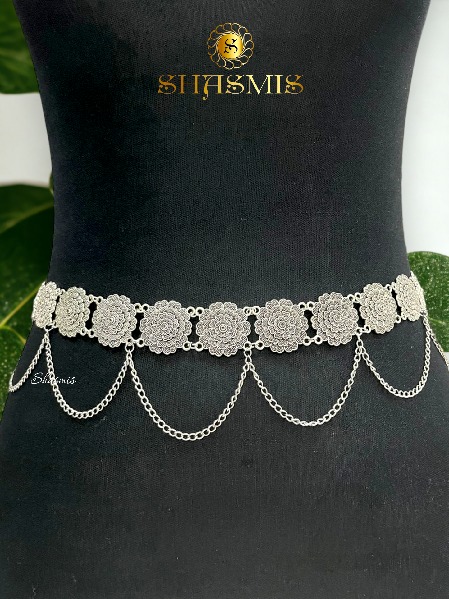 Flower Design Silver Color Belt With Design On Drop