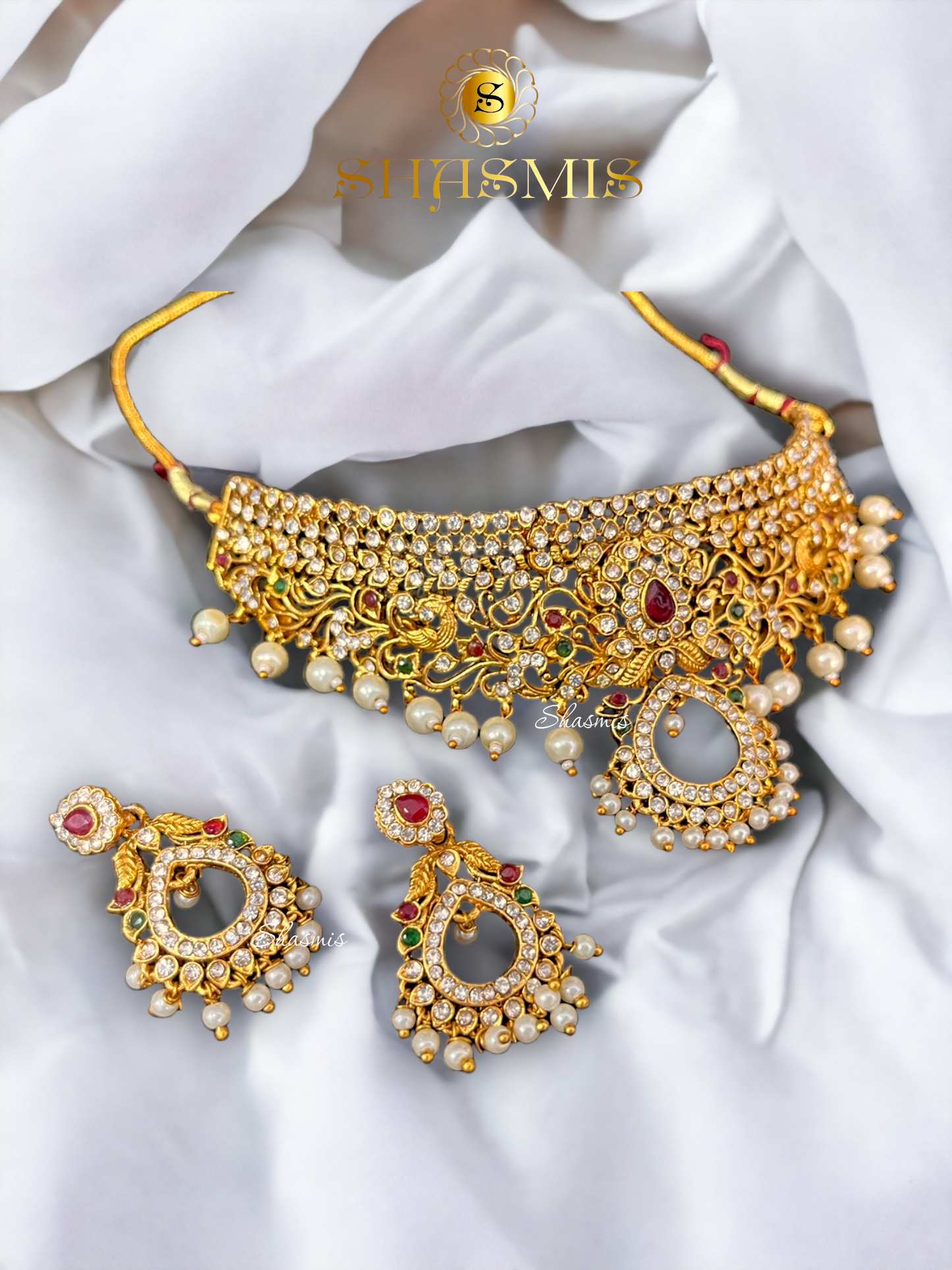 Ruby Centre Stone Golden Polish Temple Jewellery Choker With Earrings