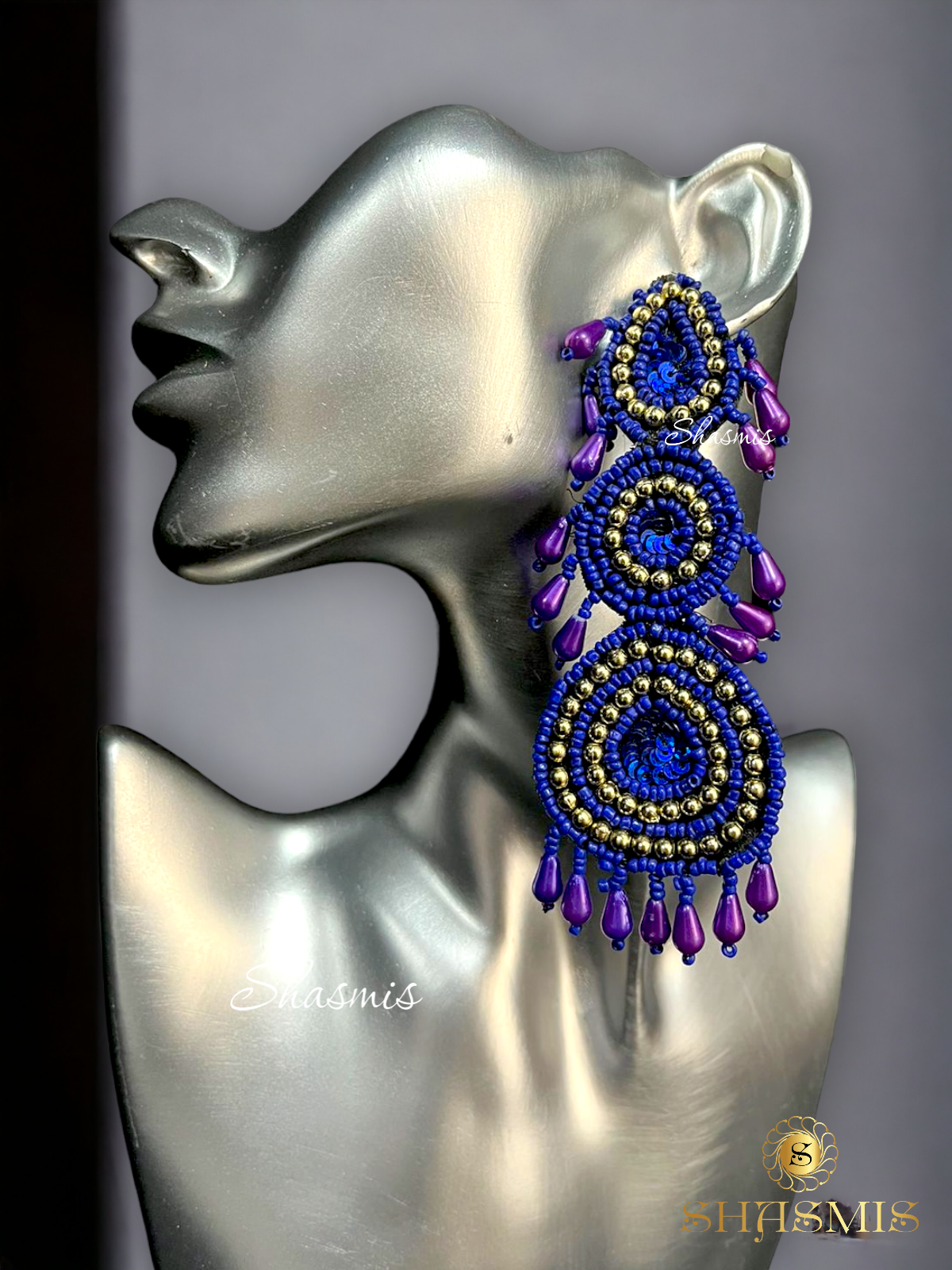 Violet Color Long Beads Embroidery Earrings