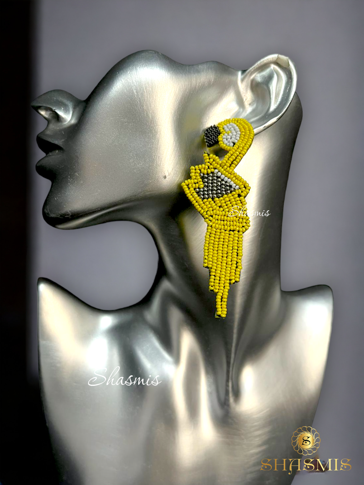 Yellow Color Beads Peacock Design Embroidery Earrings