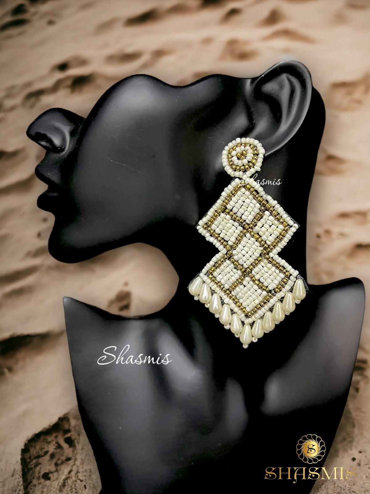 White and Brown Color Beads Embroidery Earrings
