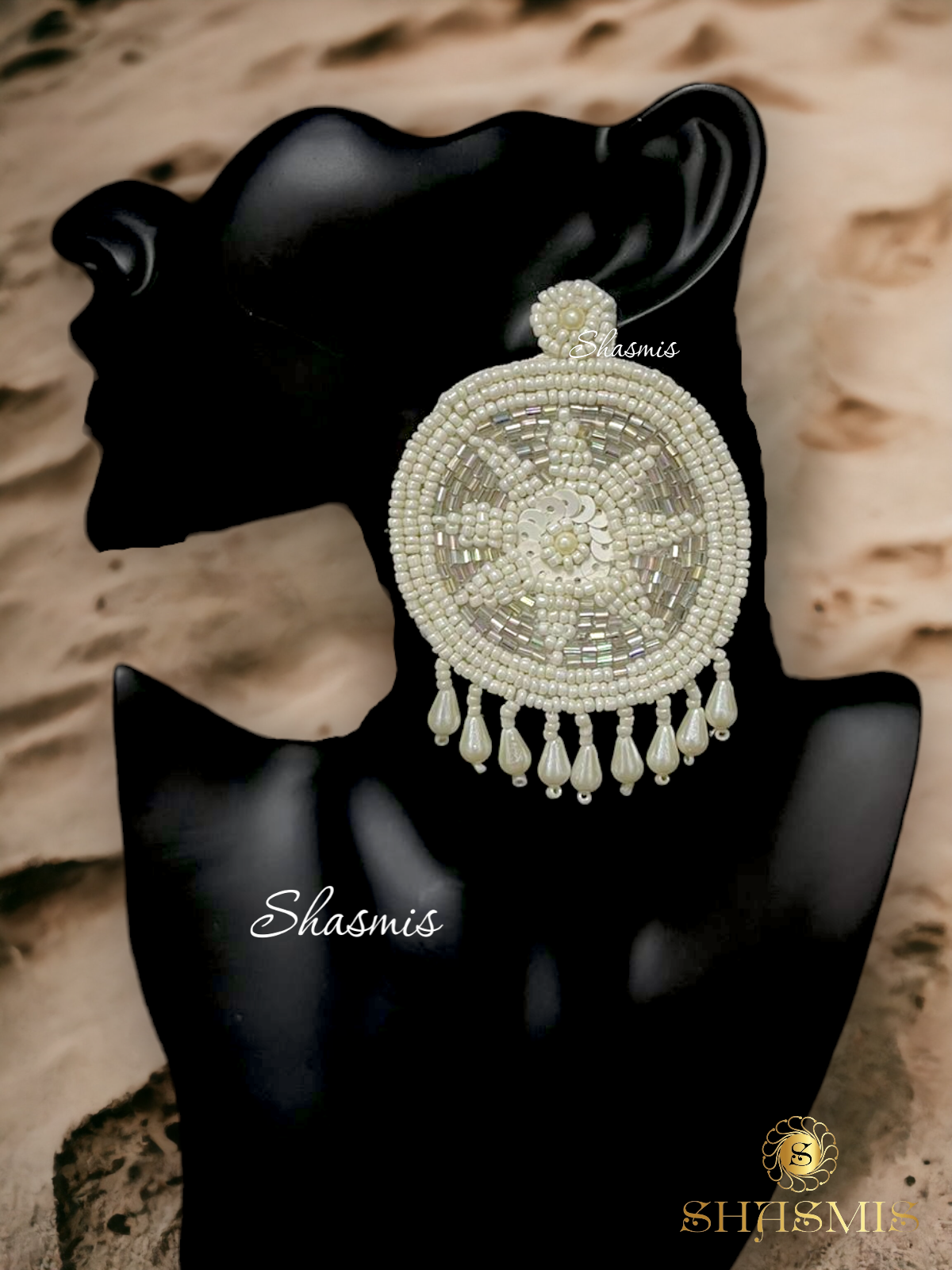White Color Beads Embroidery Earrings