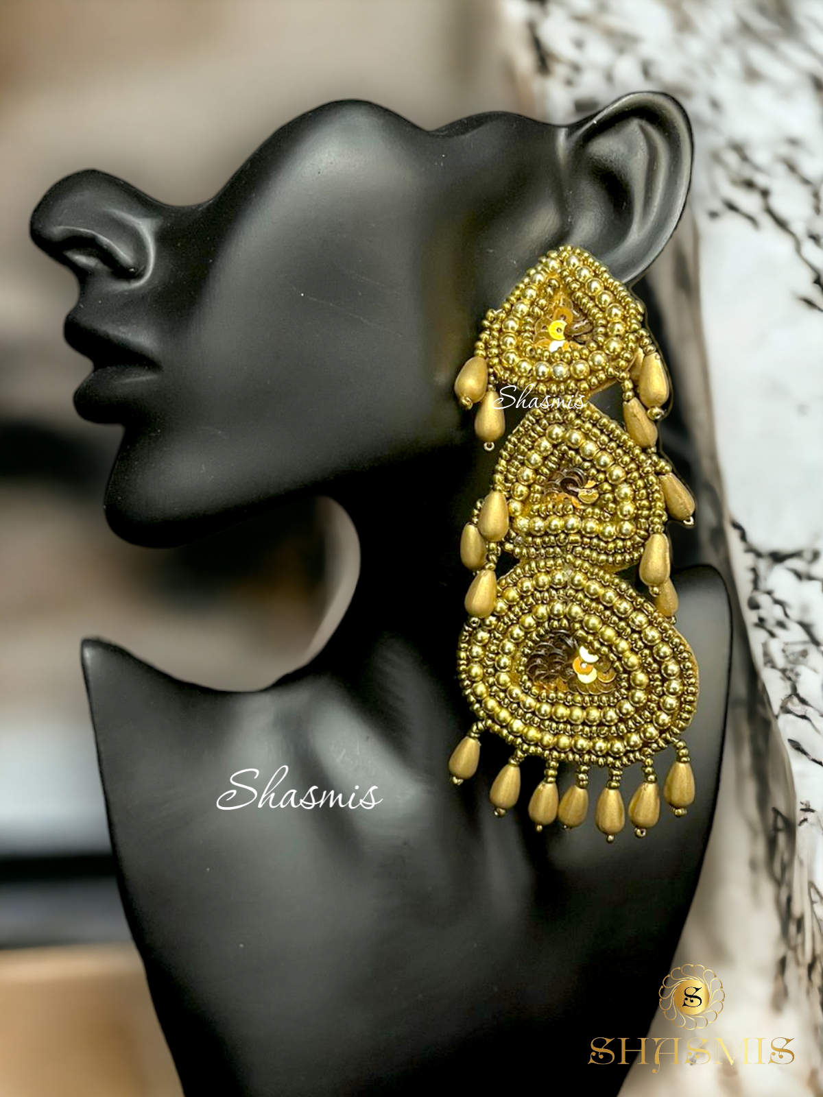 Golden Color Embroidery Beads Earrings