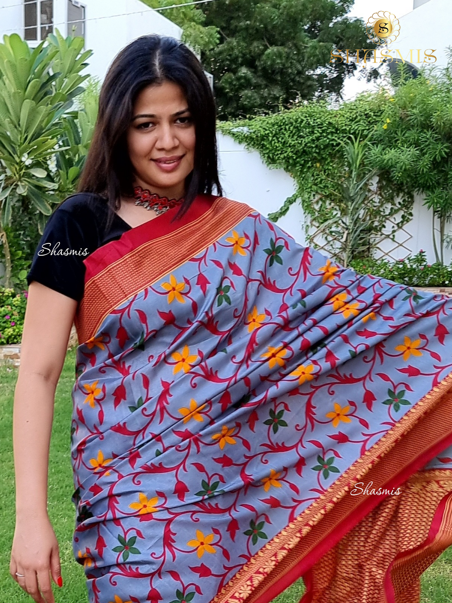 Grey Saree With Red Border, Printed Assam Soft Silk