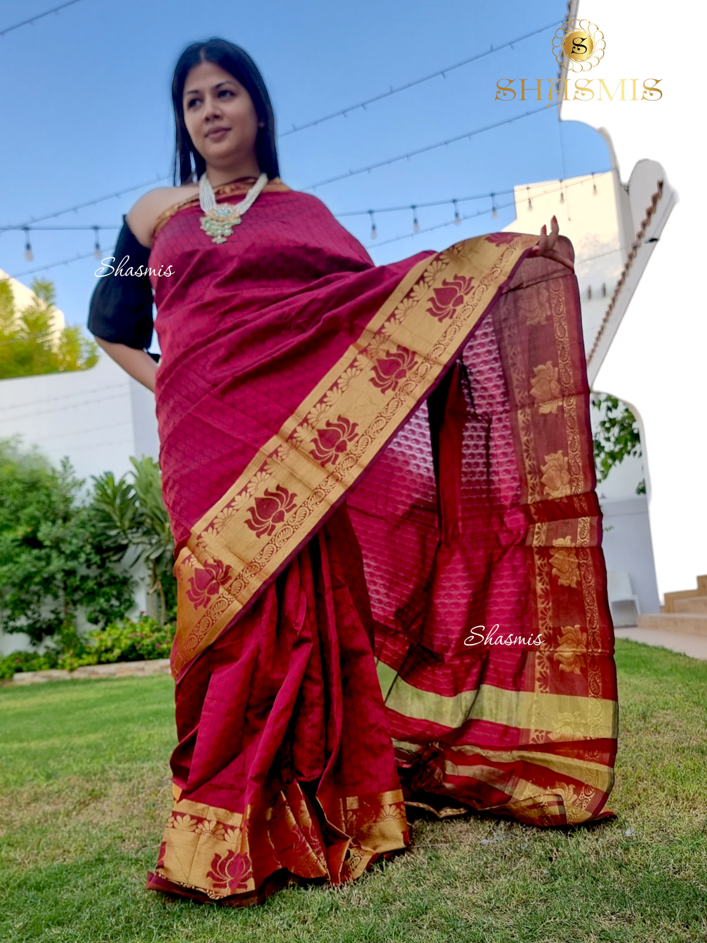 Maroon Color Silk Saree with Gold Zari All Over, Lotus Design