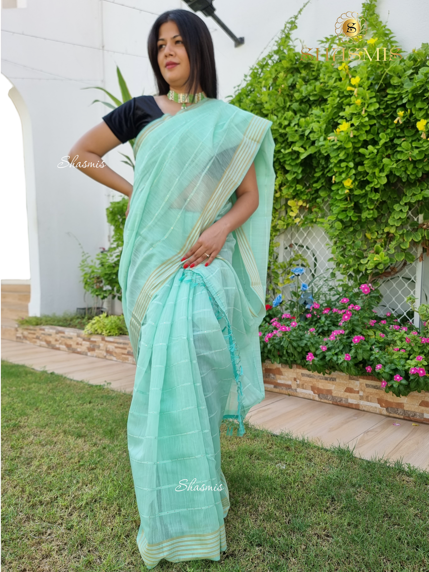 Mint Green Color Cotton Saree With Self Tone Zari