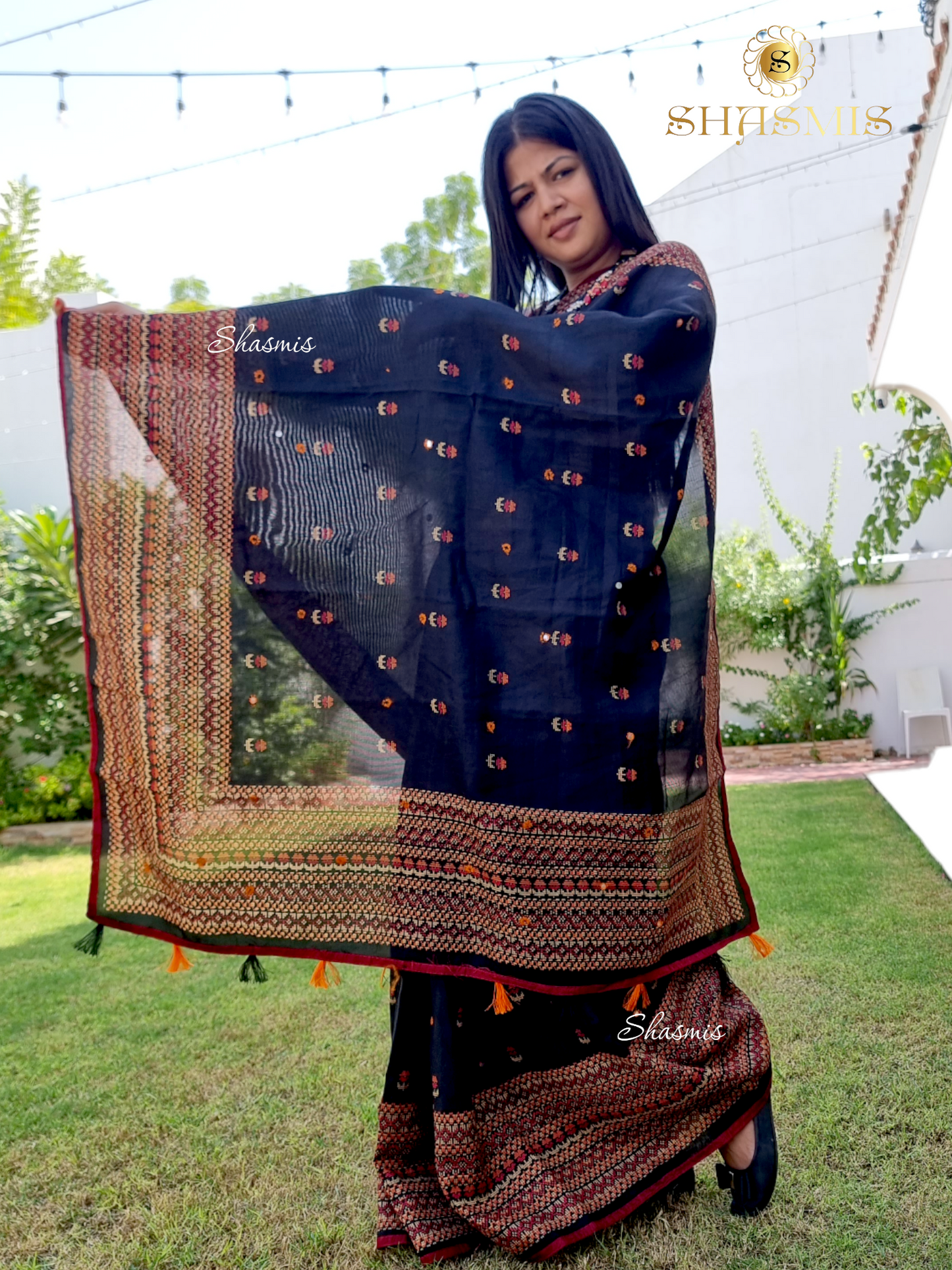Orange And Black Assam Cotton Hand Woven Design Saree