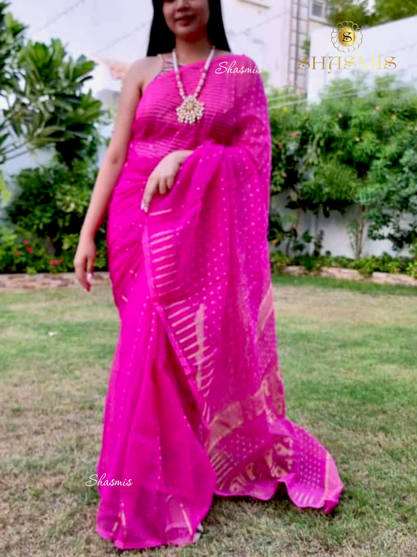 Pink And Golden Jamdani Cotton Saree
