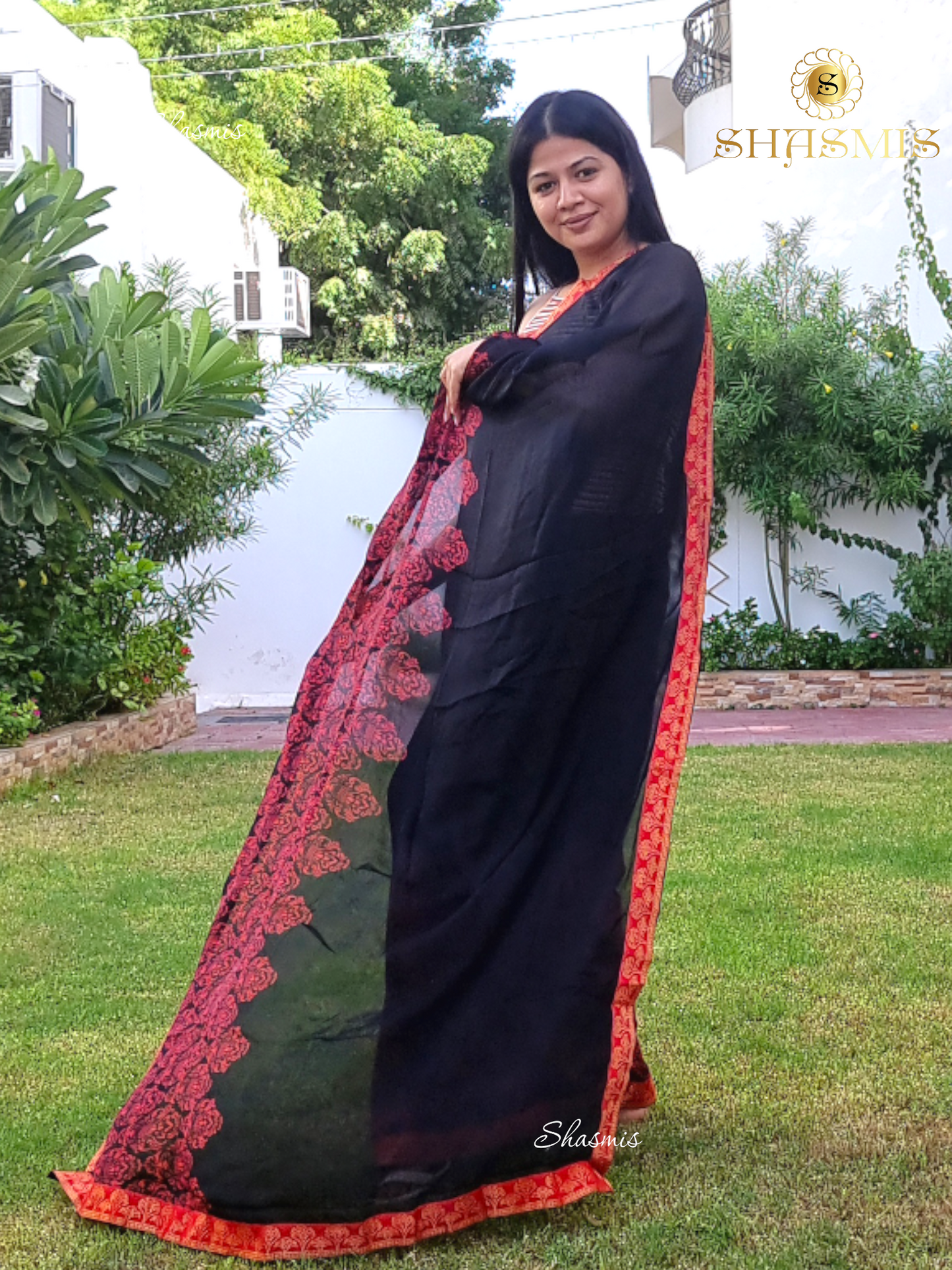 Black and Red Georgette Saree