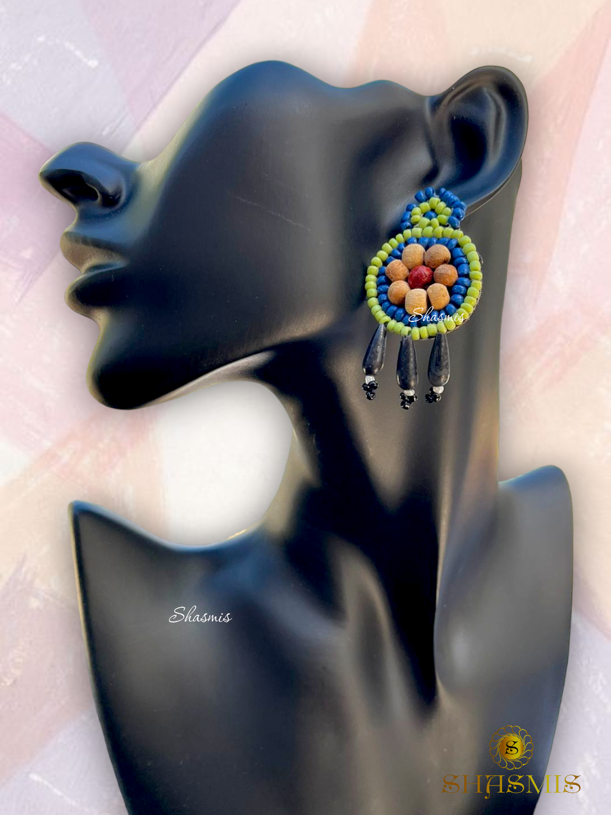 Blue Beads With Yellow Design Beads Embroidery Necklace With Earrings