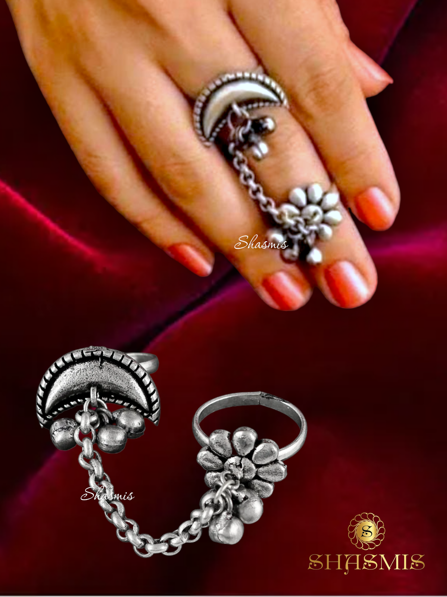 Silver Oxidised Plated Floral Shaped Chain Finger Ring