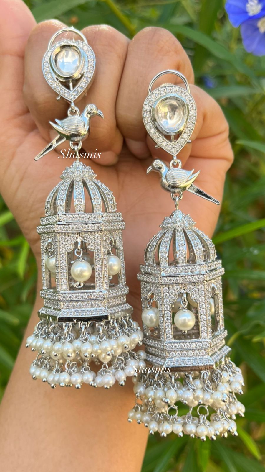 Diamond Cage Earrings With Parrot On Top and Pearls On Drop