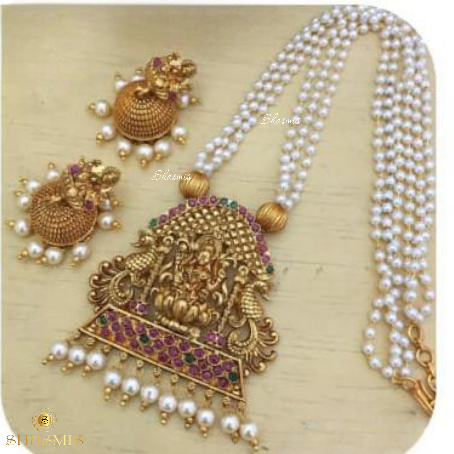 Pearls On Drop Goddess Temple Jewellery Necklace With Earrings