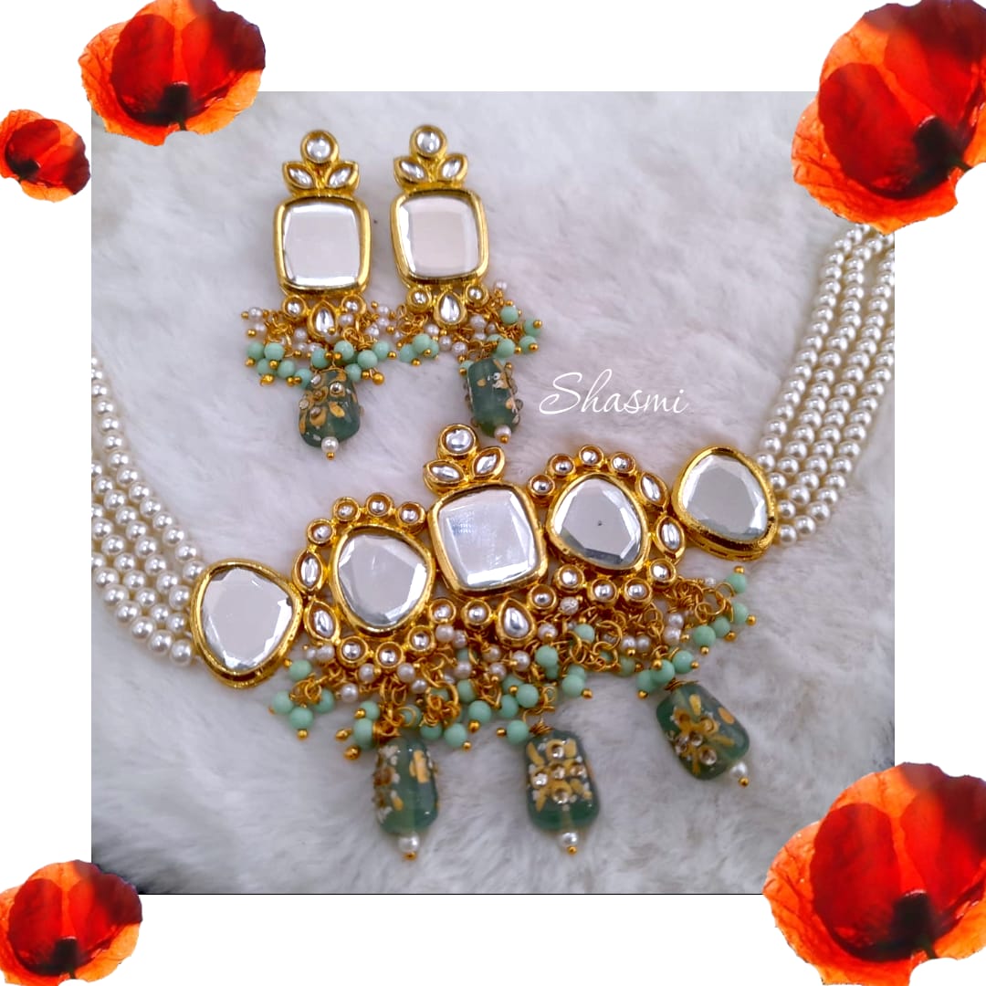 Elegant Mirror kundan Necklace With Earrings