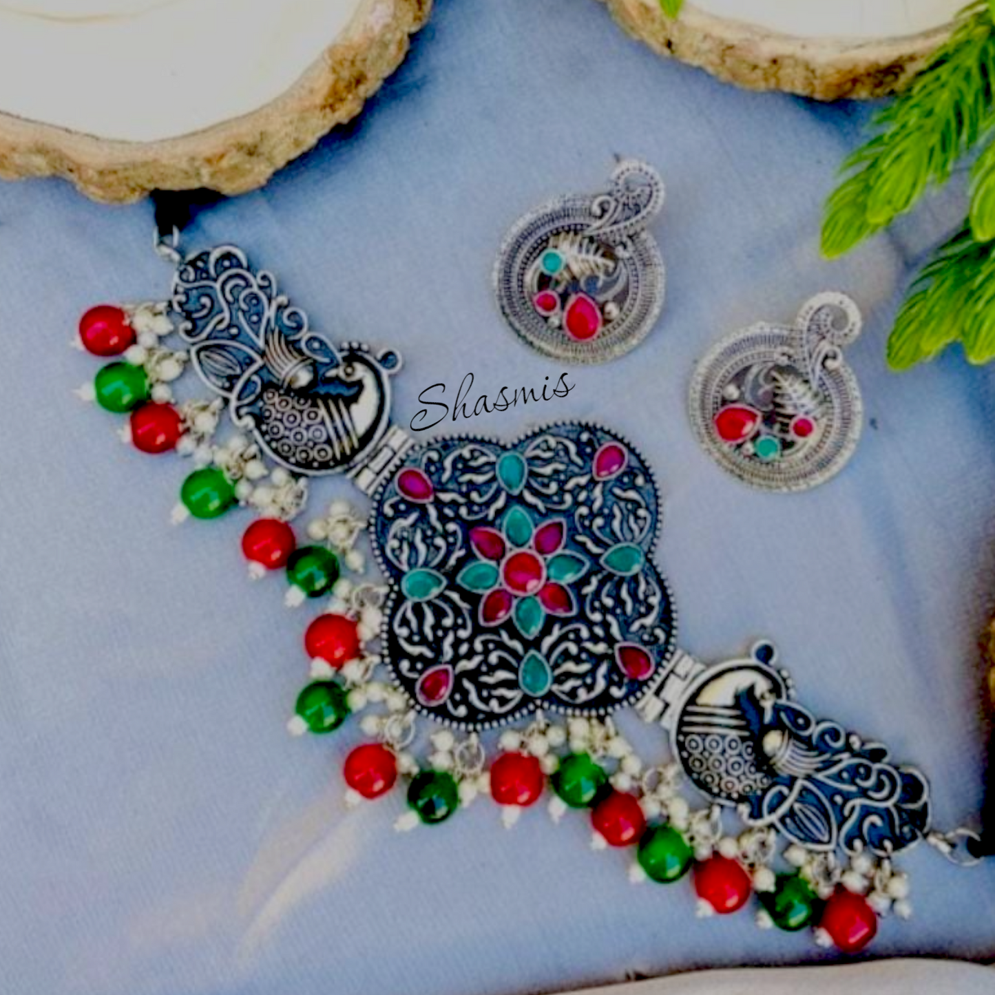 Silver Oxidised Color Necklace Set with Earrings