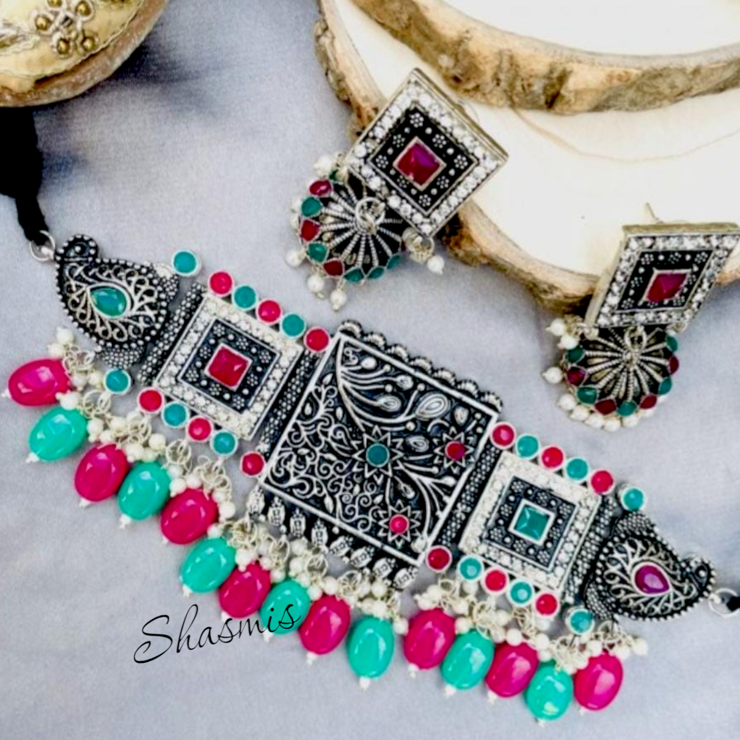 Alloy Stone Oxidised Silver Necklace Choker Set