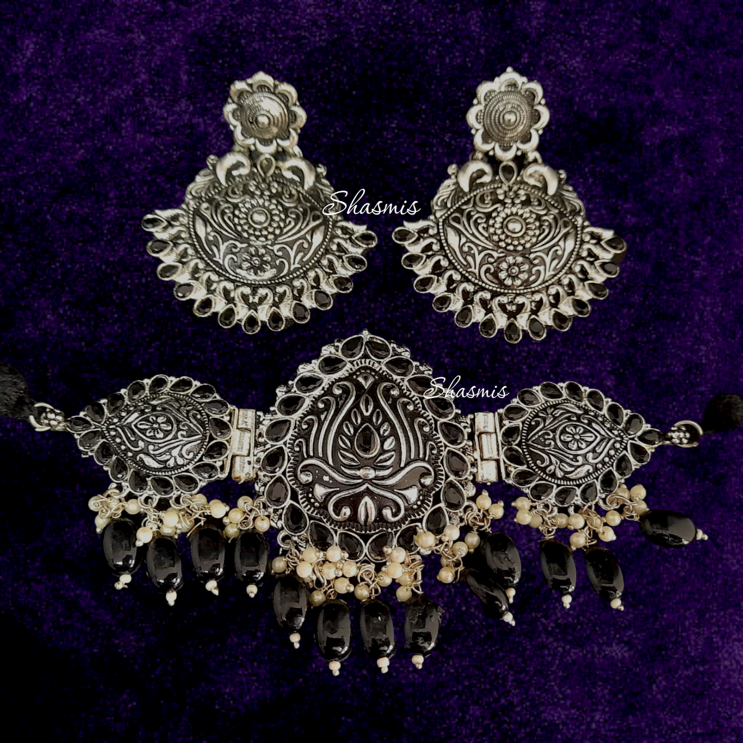Silver Oxidised with Black Stones On Drop Choker