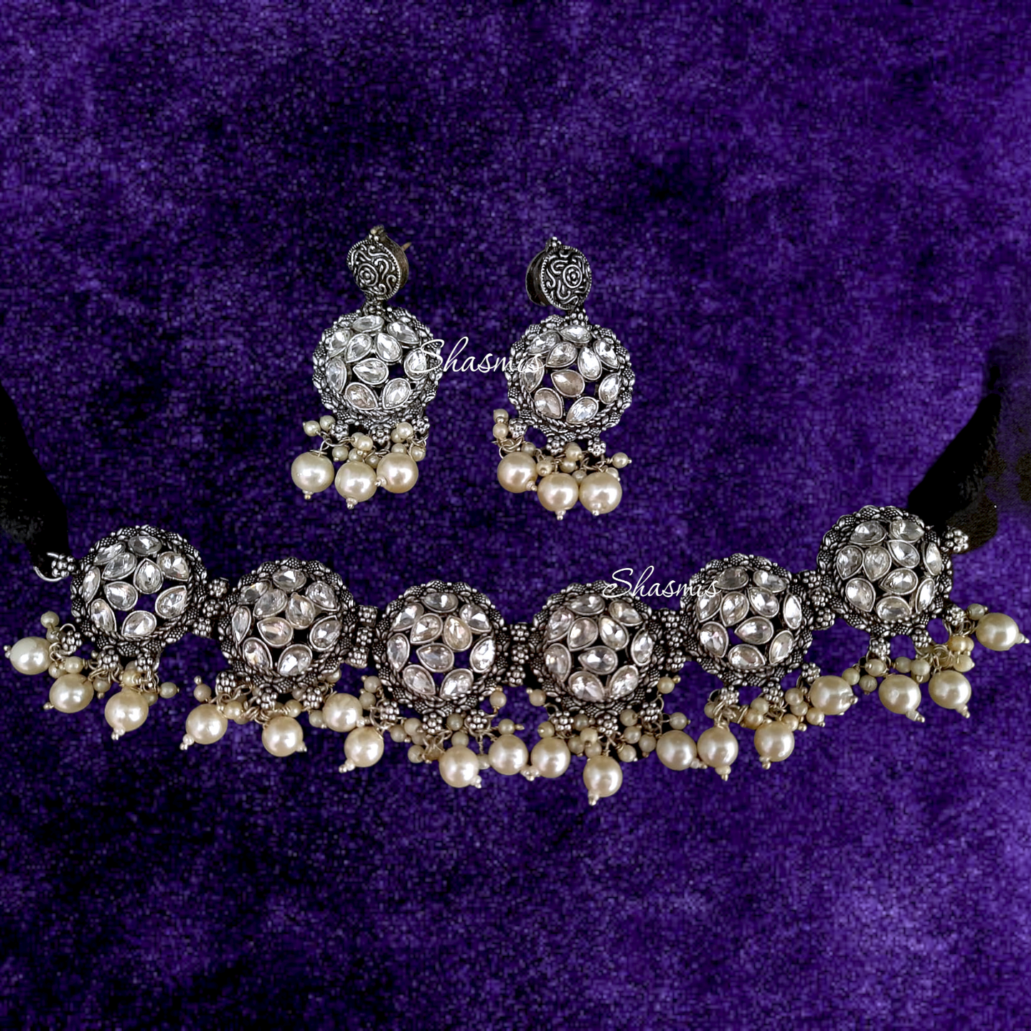 Silver Diamond Oxidised Necklace