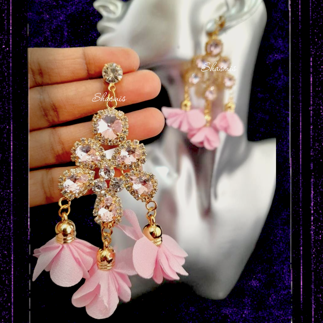 Pink Flower Diamond Hanging Earrings