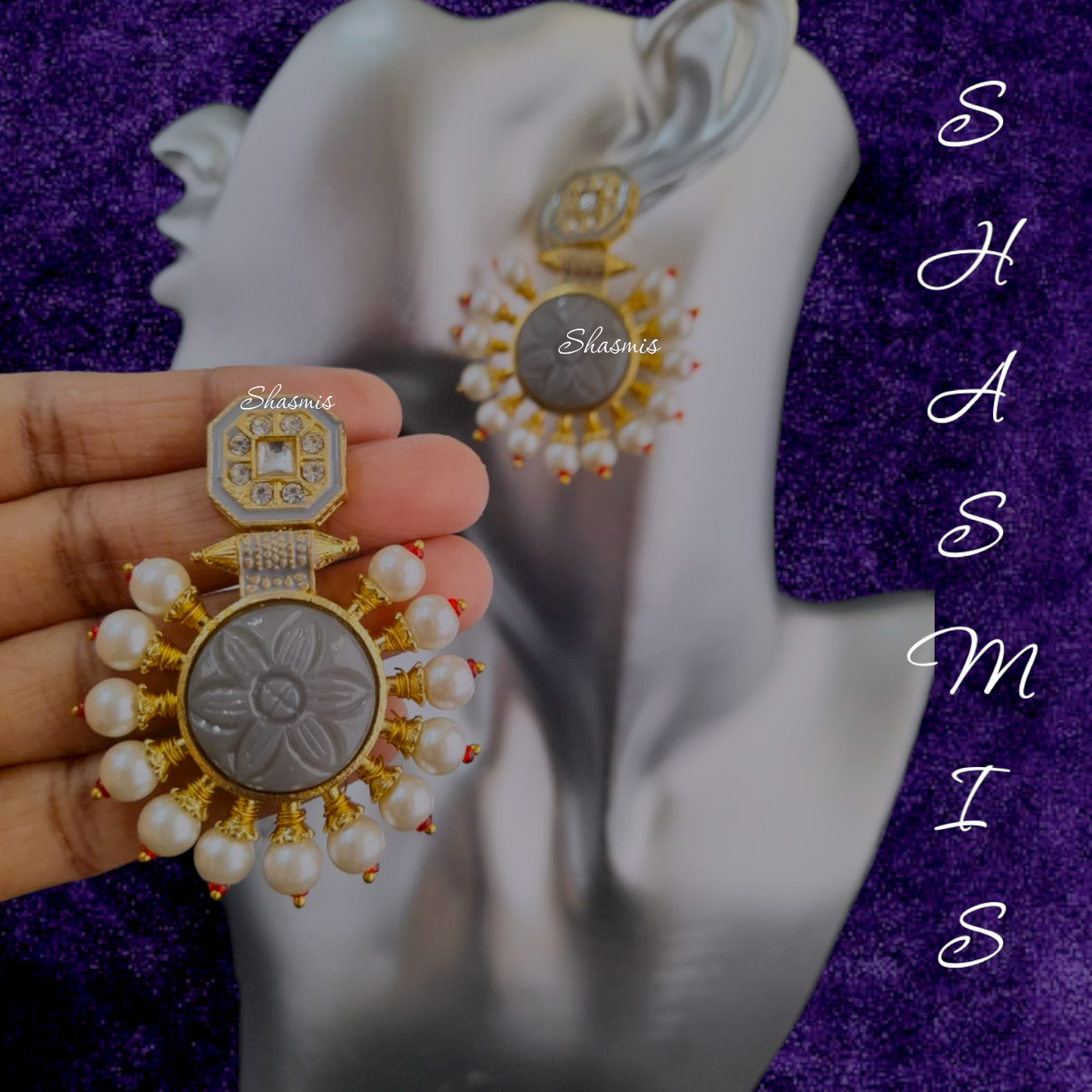 Grey Druzy Stone Pearl Earrings