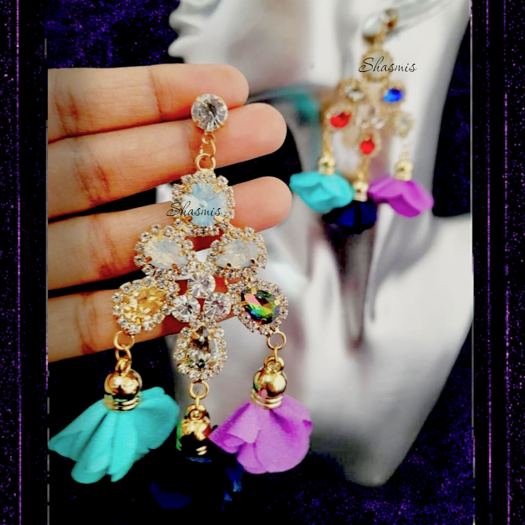 Colourful Diamond Flower Hanging Earrings