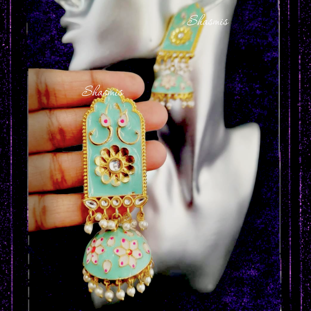 Kundan Design Turquoise Colour Earrings