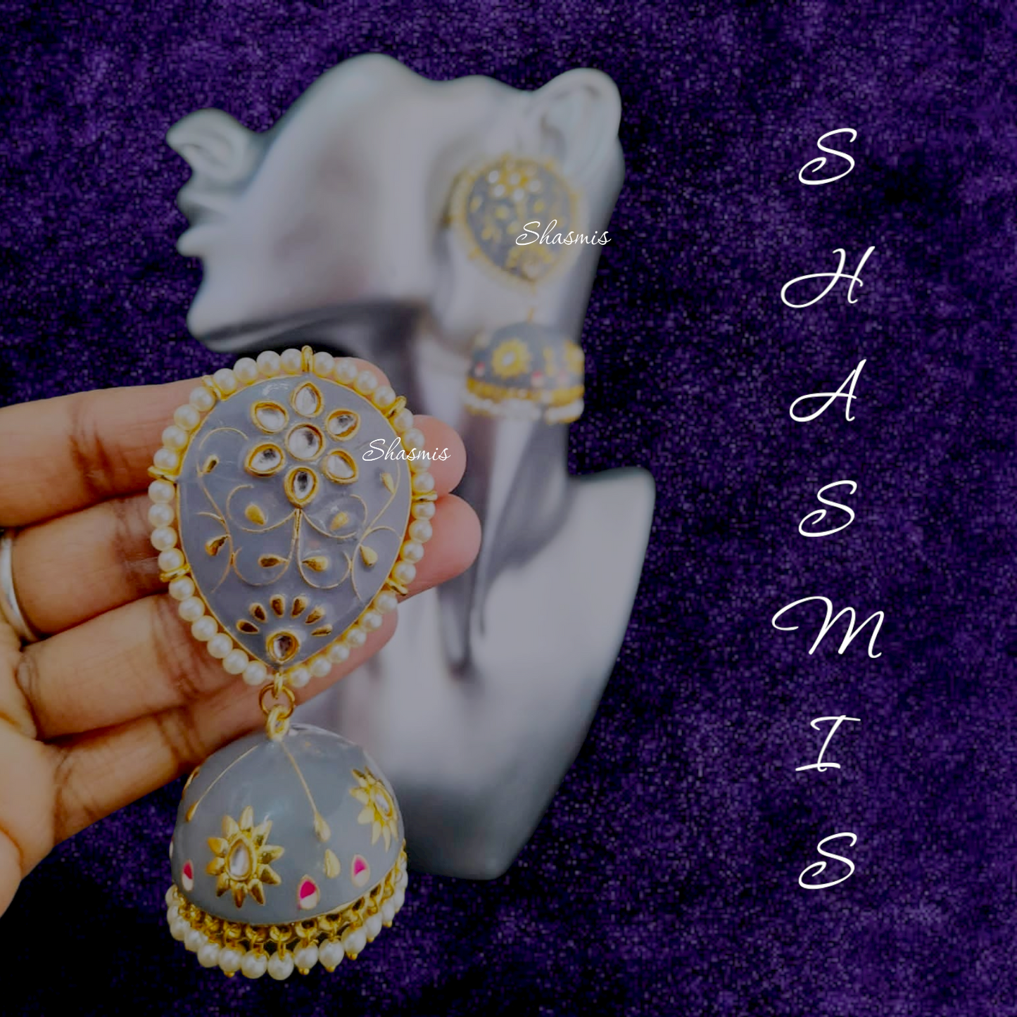 Grey Polki Meenakari Jhumka Earrings