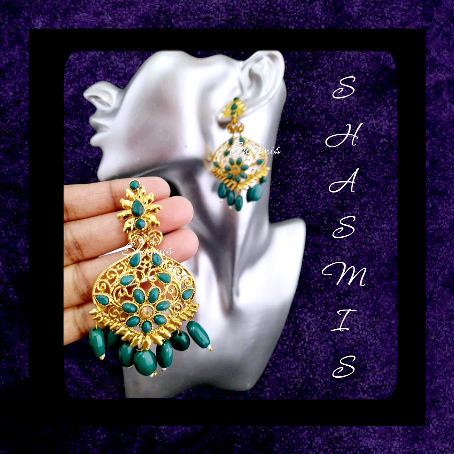 Green Shade Golden Tone Earrings