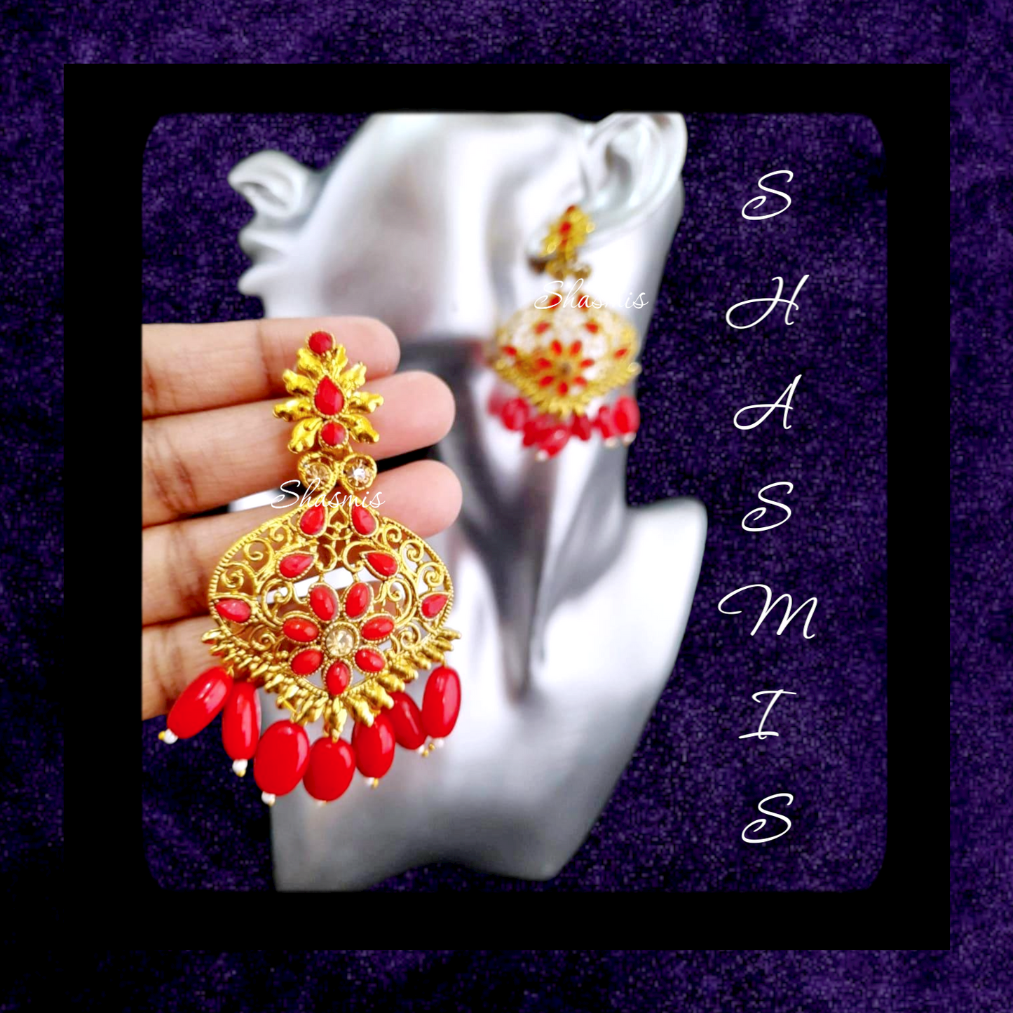 Red Shade Golden Tone Earrings