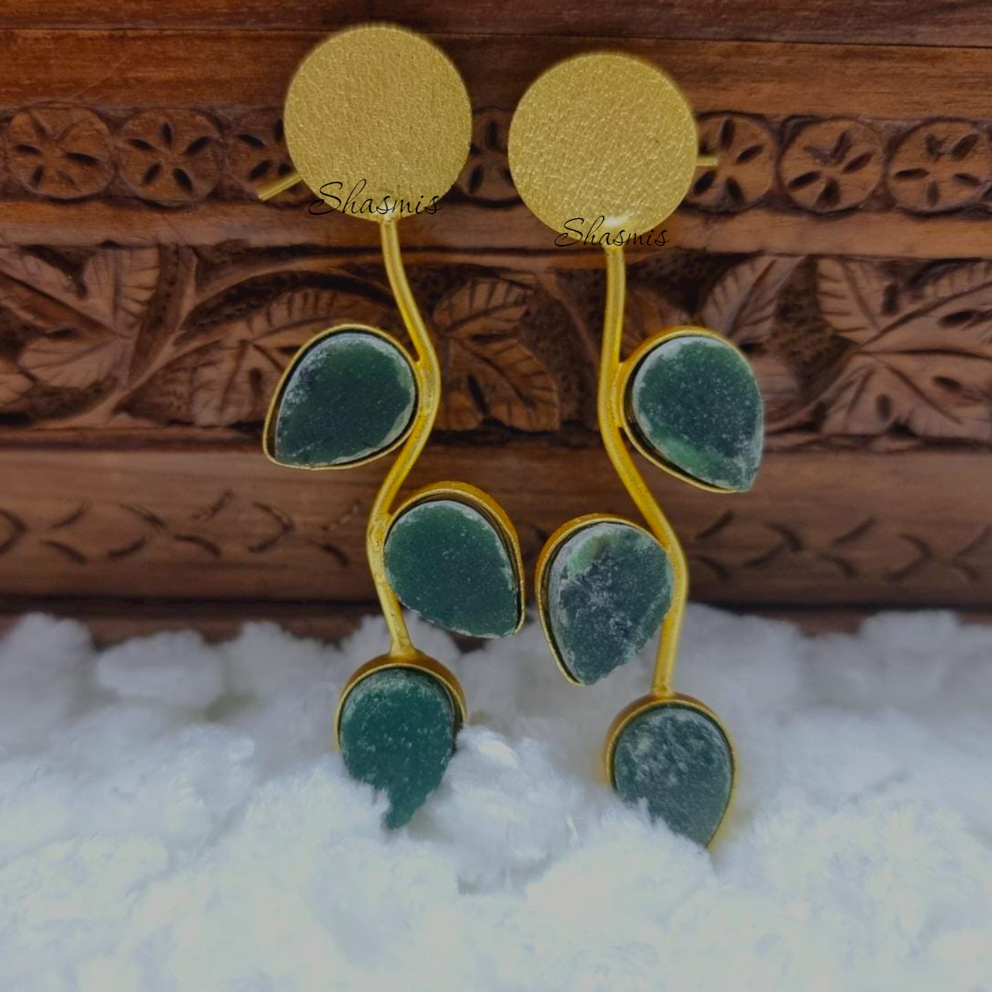 Basil Druzy Leaf Design Stone Earrings