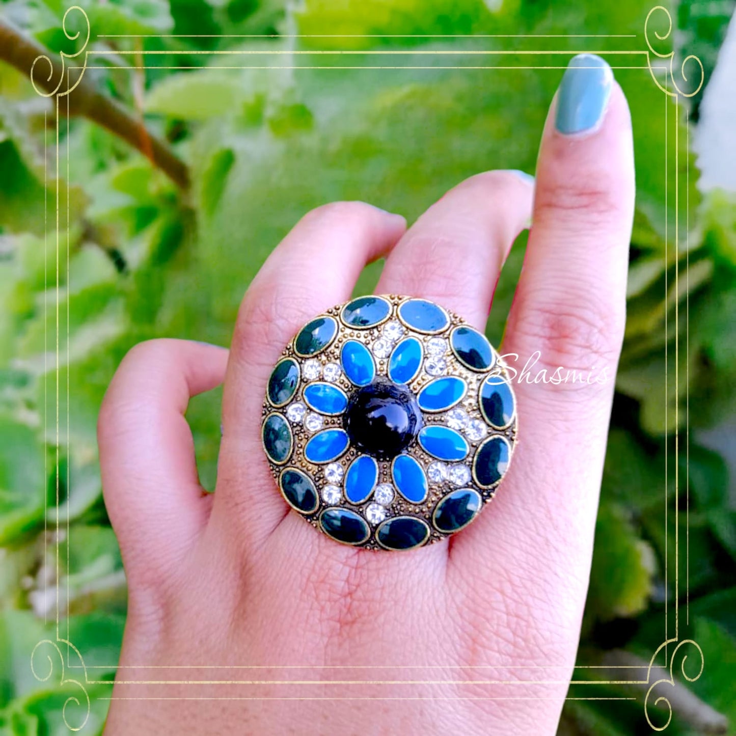 Blue With Green Shade Meenakari Ring