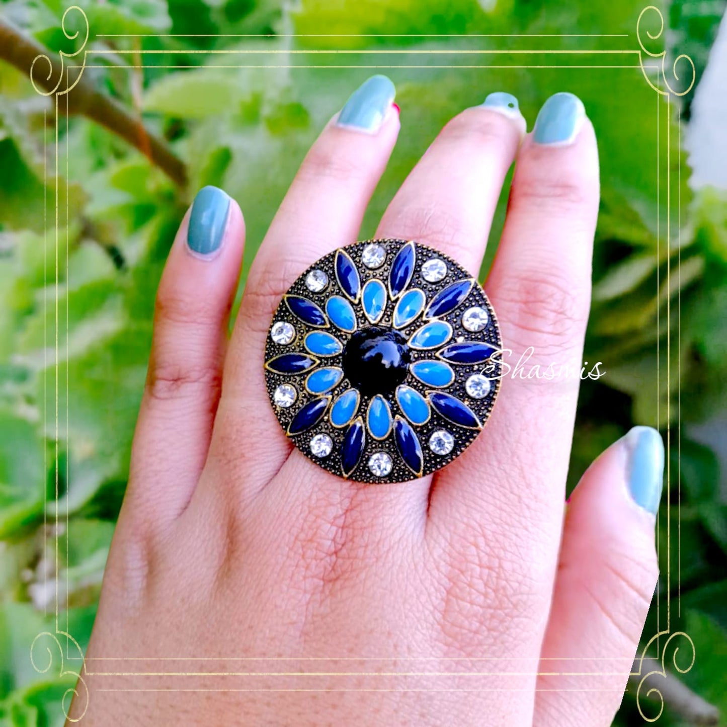Meenakari Blue Shade Design Gold Ring