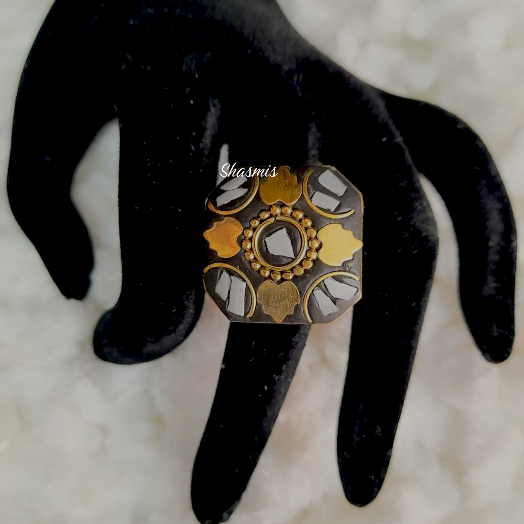 White Crystal Gold Plated Black Ring