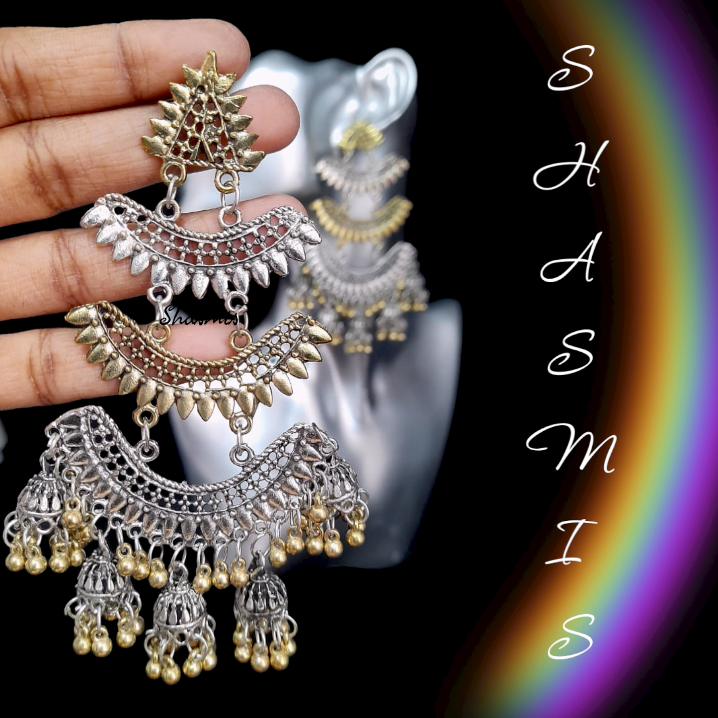 Silver And Gold Oxidised Drop Earrings