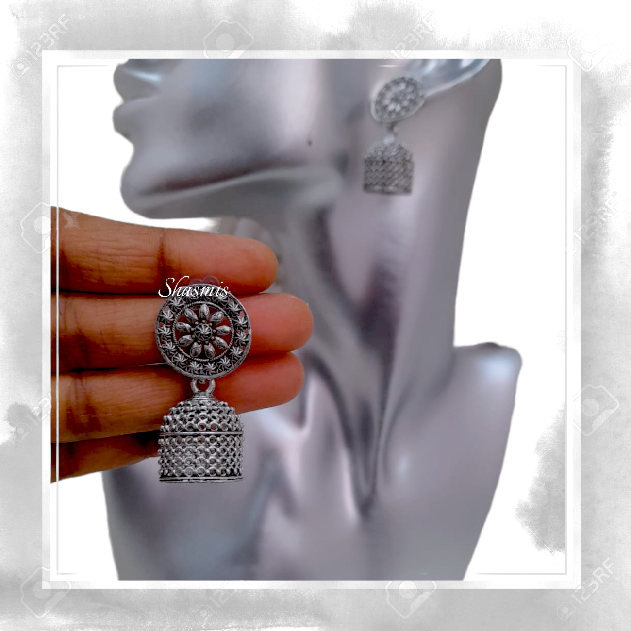 Silver Oxidised Design Jhumka Earrings