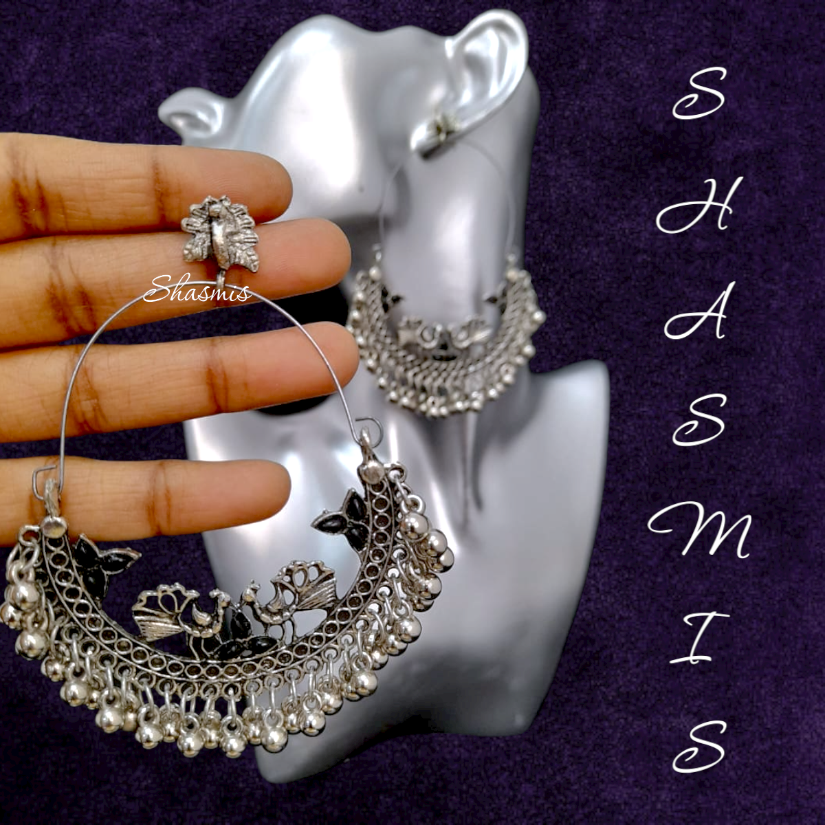 Black Long Drop Earrings with Ghungroo