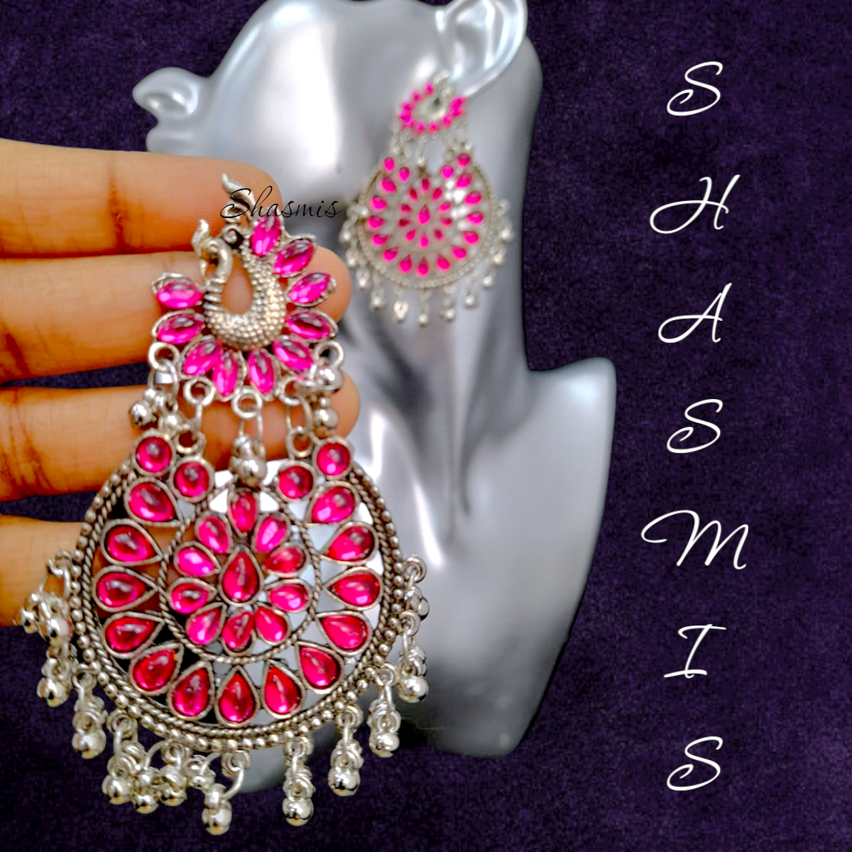 Pink Peacock Silver Long Drop Earrings