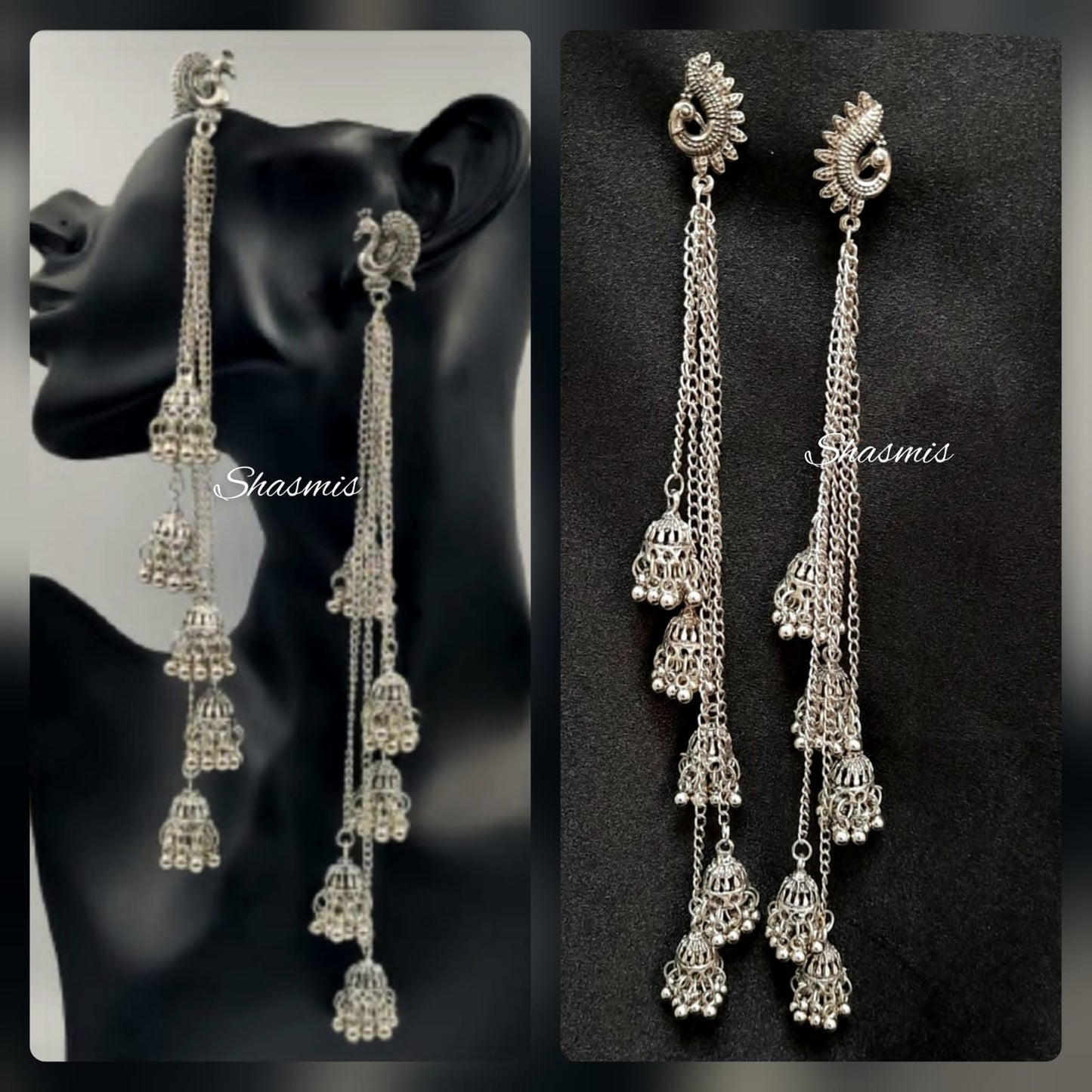 Silver Peacock Long Chain Earrings