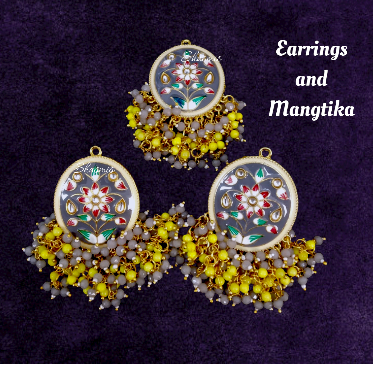 Grey colour Jhumka With Mangtika