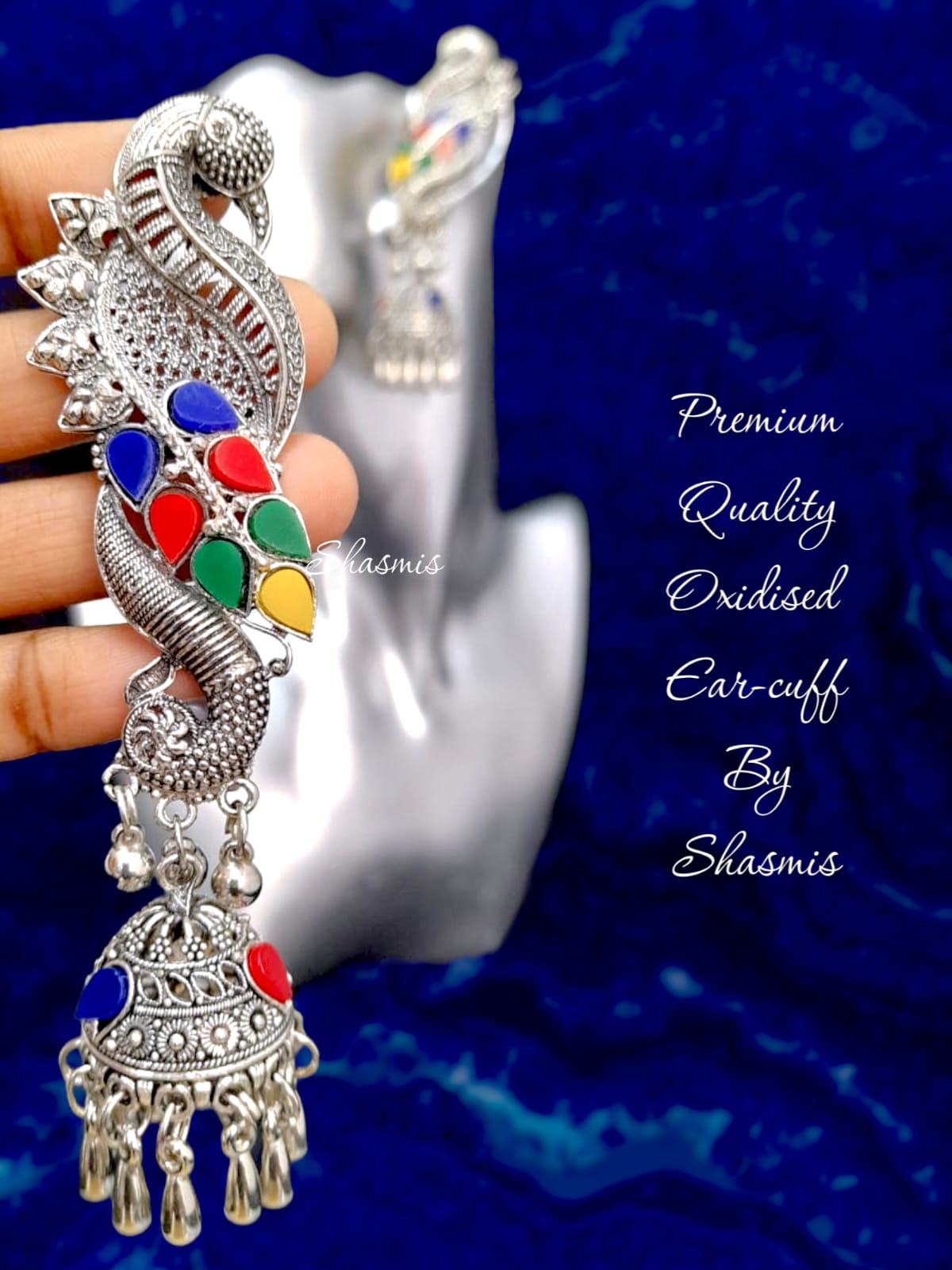 Colorful Peacock Silver Earcuff