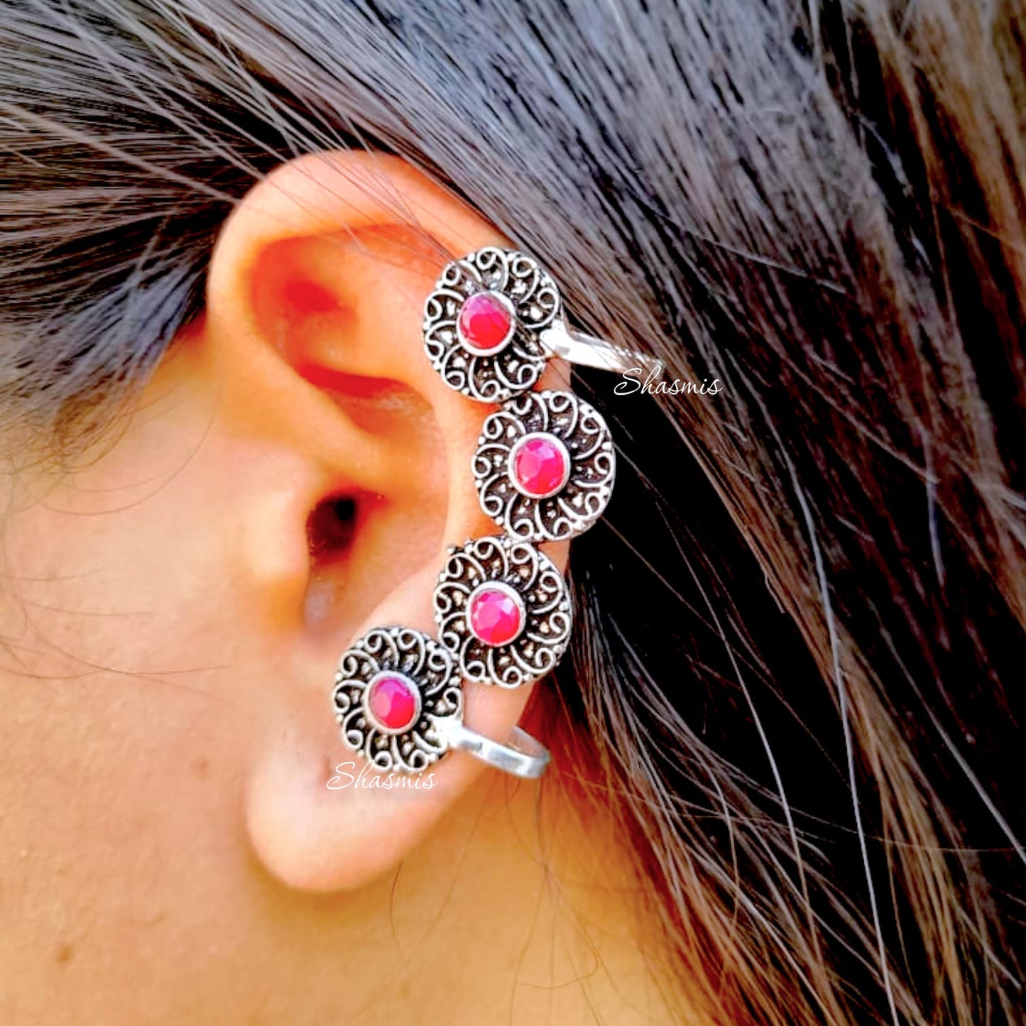 Ruby German Silver Oxidised Earcuff