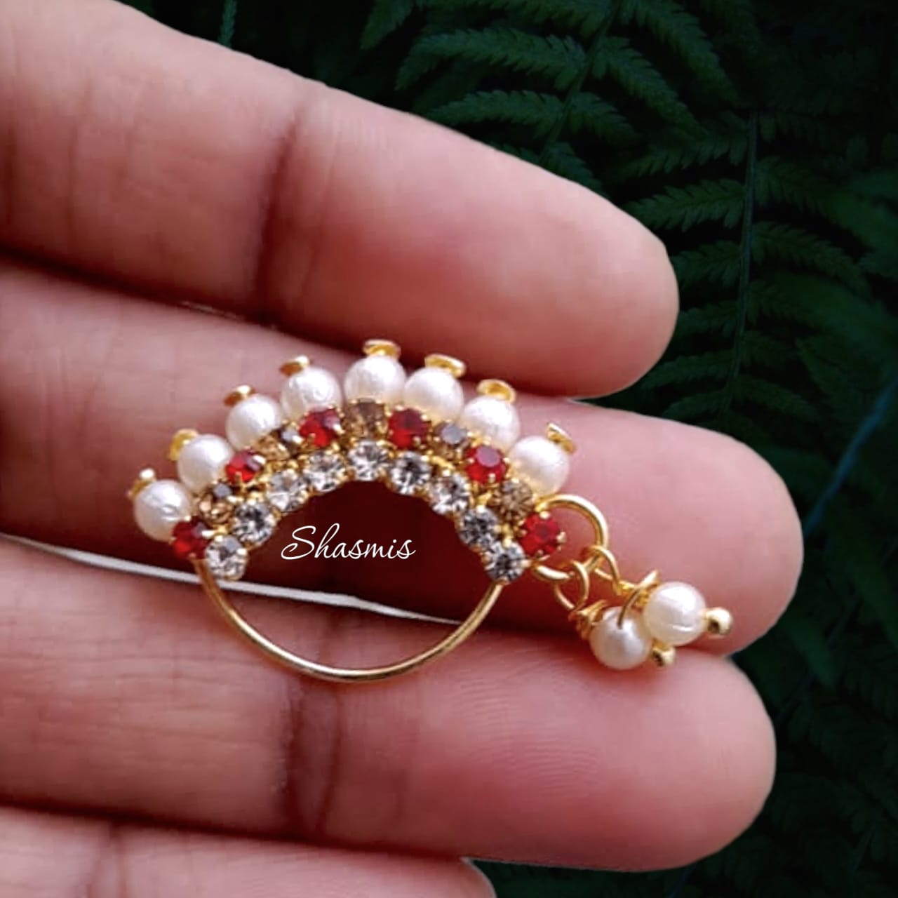 Red Stone With Pearls Traditional Non-pierced Nose Pin