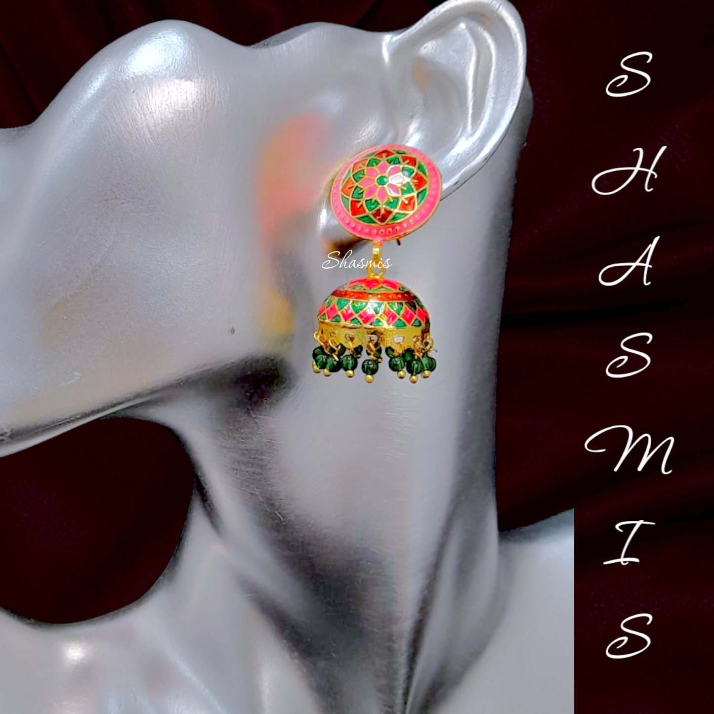 Pink And Green Meenakari Jhumka Earrings